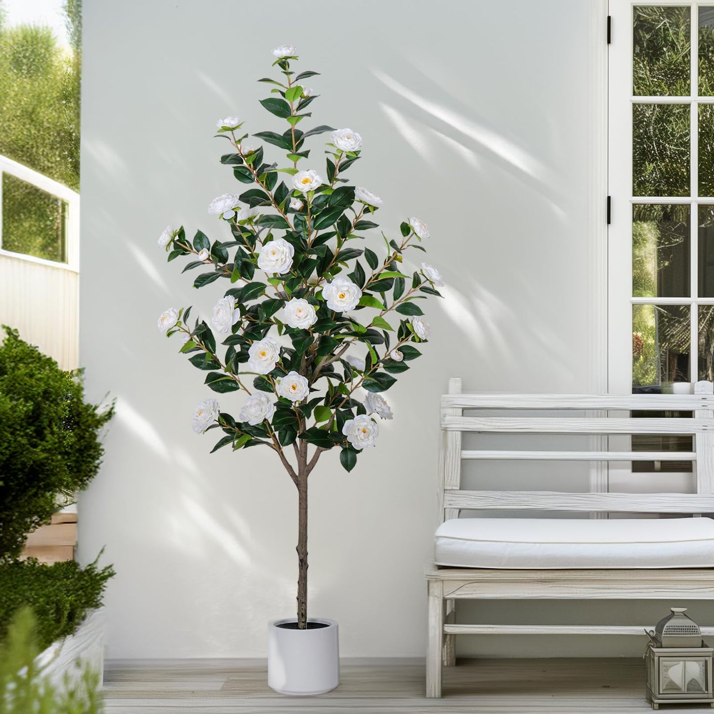 Yepdin 63 inch Artificial Camellia Tree with White Flower Pots - White Fake Tree,5 Ft Faux Plants Indoor wich Blooming,Artificial Plants for Indoor & Outdoor Home Front Door Decor