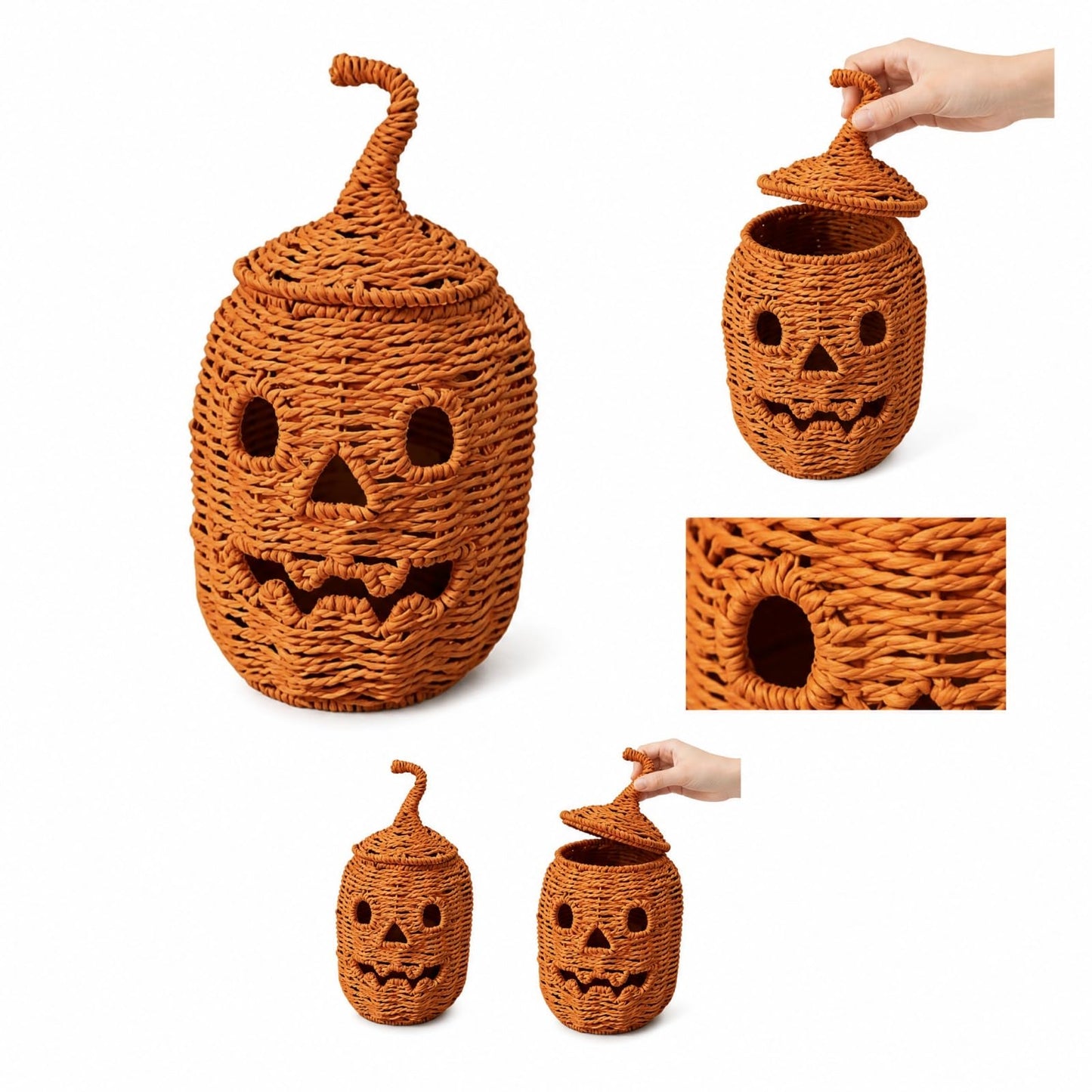 Rattan Lantern Pumpkin Candle Holder with Witch Hat Shape Lid