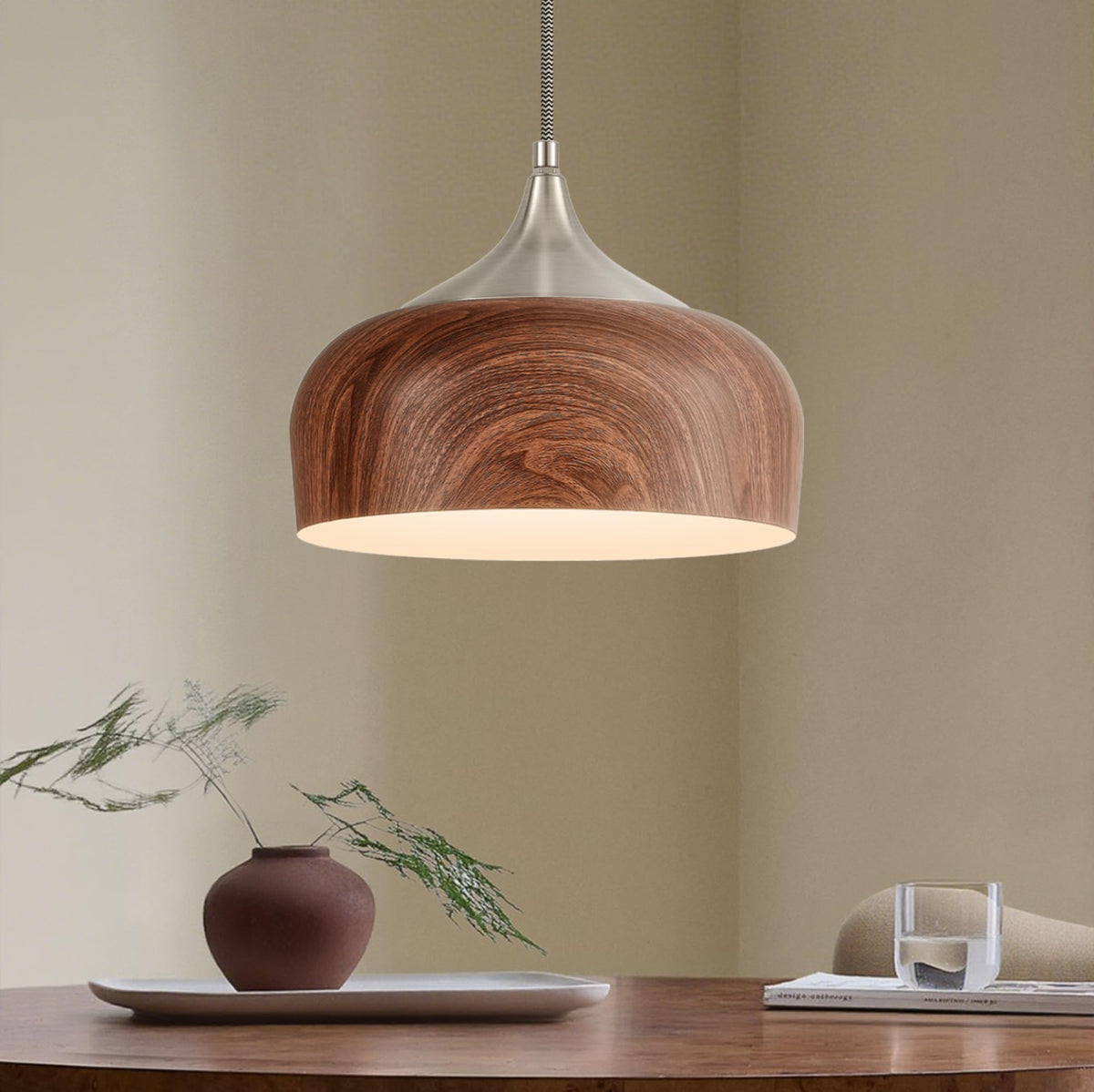 Modern Walnut Wooden Pendant Dome Light