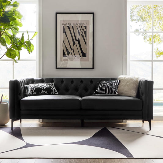HULALA HOME 84" W Faux Leather Sofa Couch with Metal Legs, Button-Tufted 3-Seater Sofa, Mid Century Modern Contemporary Upholstered Couch for Living Room, Apartment, Charcoal