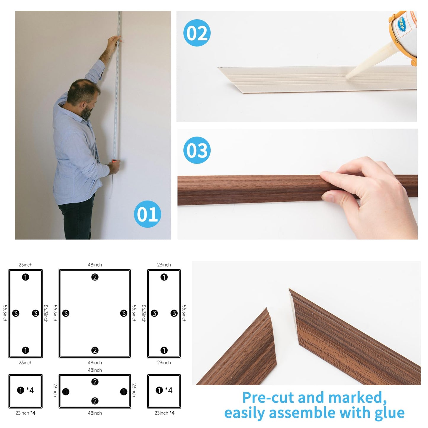 Pre-Cut Wall Molding Set of 6 pcs, Ready-to-Assemble Wainscoting Panels