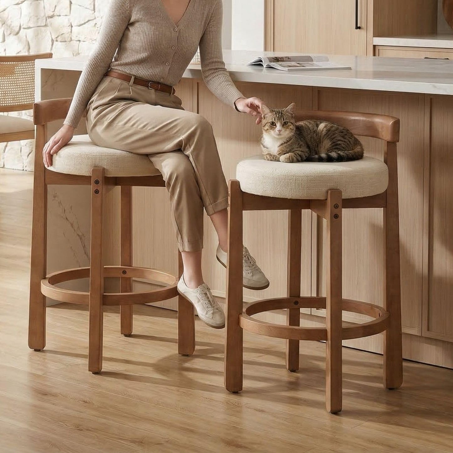 LukeAlon Mid Century Linen Counter Stools Set of 3, Upholstered 26.5" Seat Height Low Barstools with Natural Wood Legs Round Low Back Kitchen Stools with Footrest for Dining Room, Beige