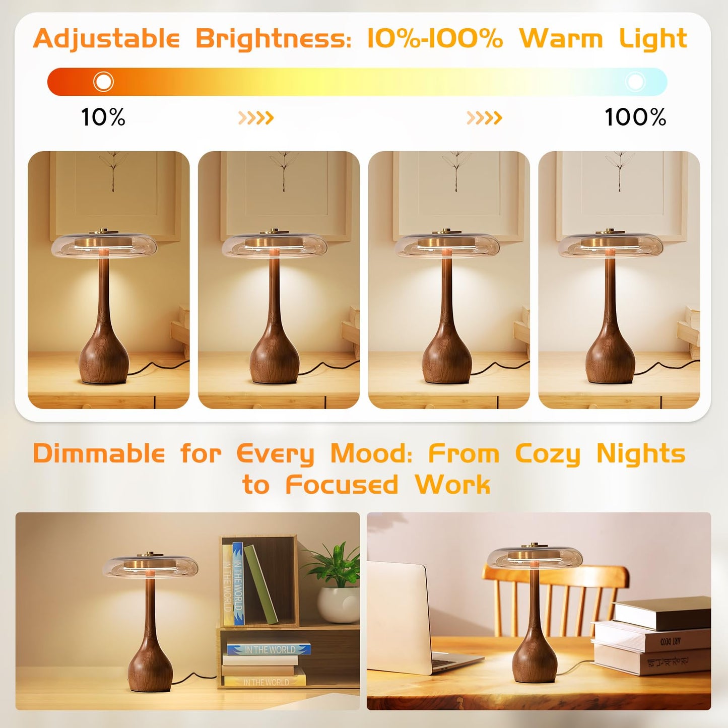 Brass Base Mushroom Table Lamp for Bedroom, Small Desk Lamp with Amber Glass Shade, LED Three Color Temperature Adjustable Brightness Modern Side Table Lighting (H 15.4 in)