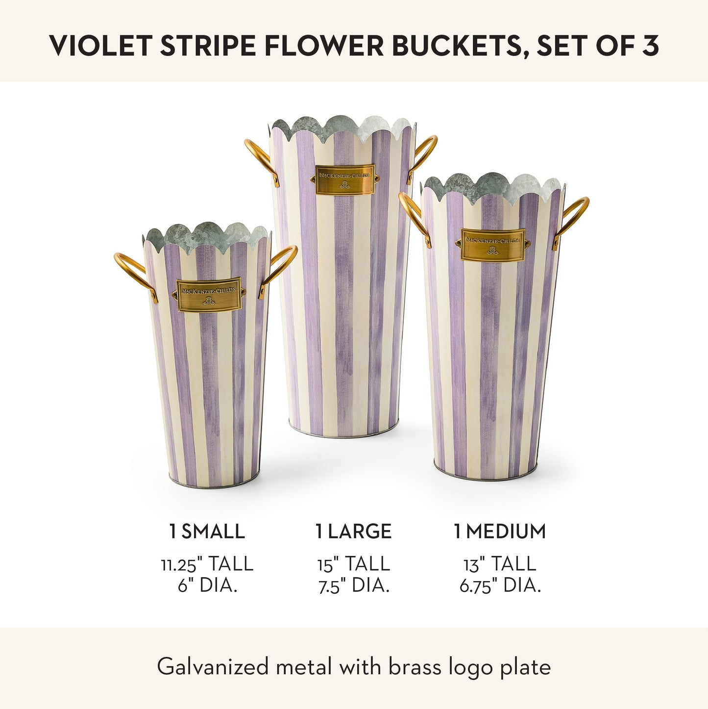 MACKENZIE-CHILDS Set of 3 Galvanized Flower Buckets, Decorative Metal Buckets, Black-and-White Courtly Stripe