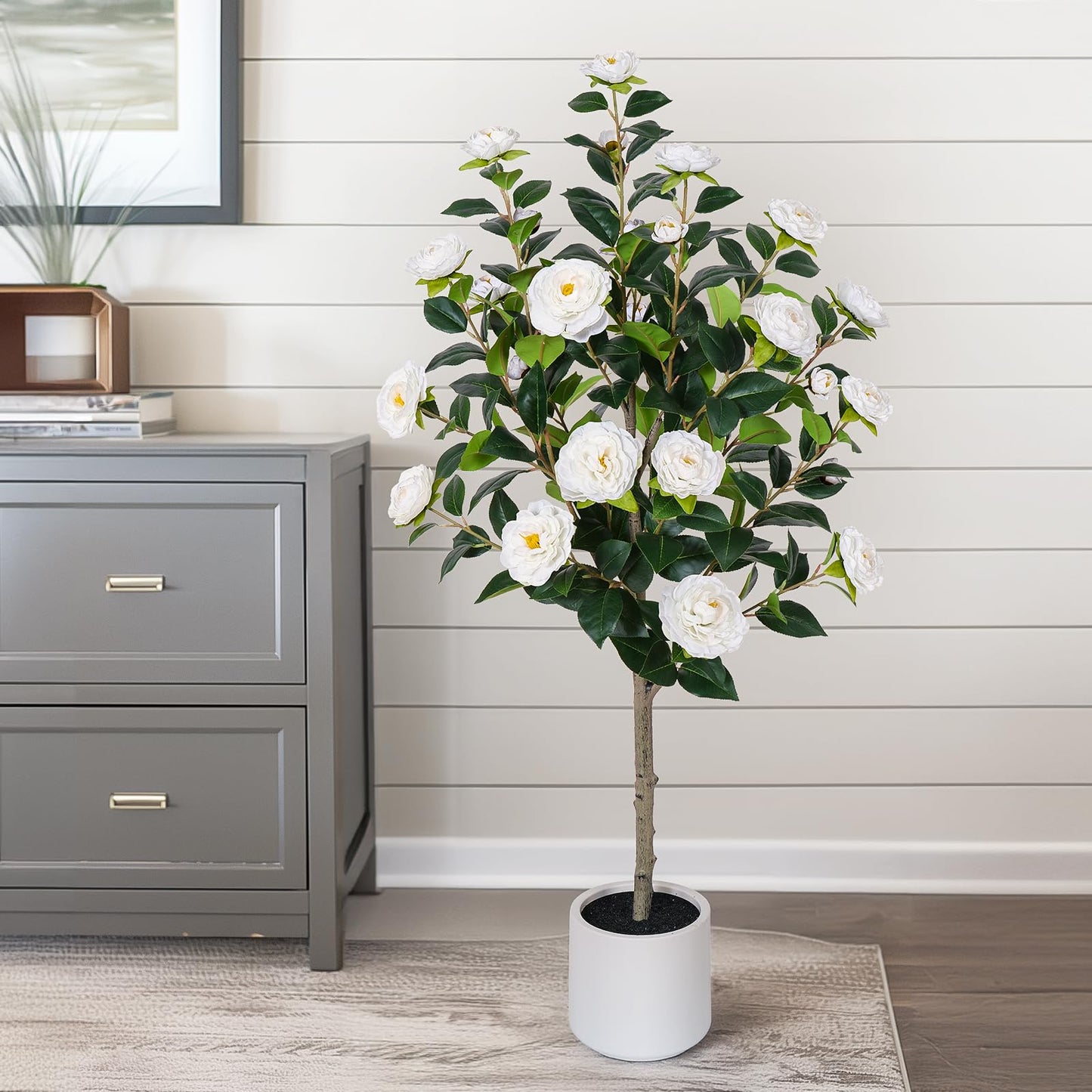 Yepdin 63 inch Artificial Camellia Tree with White Flower Pots - White Fake Tree,5 Ft Faux Plants Indoor wich Blooming,Artificial Plants for Indoor & Outdoor Home Front Door Decor