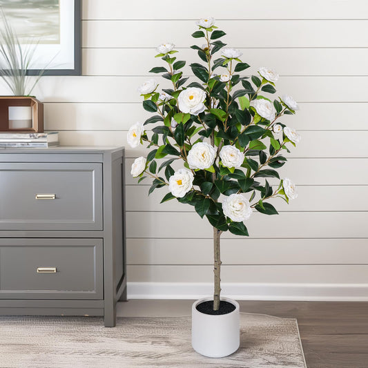 63 inch Artificial Camellia Tree with White Flower Pots