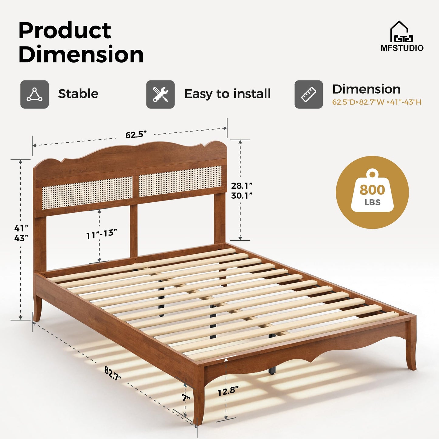 King Wood Bed Frame with Rattan Headboard