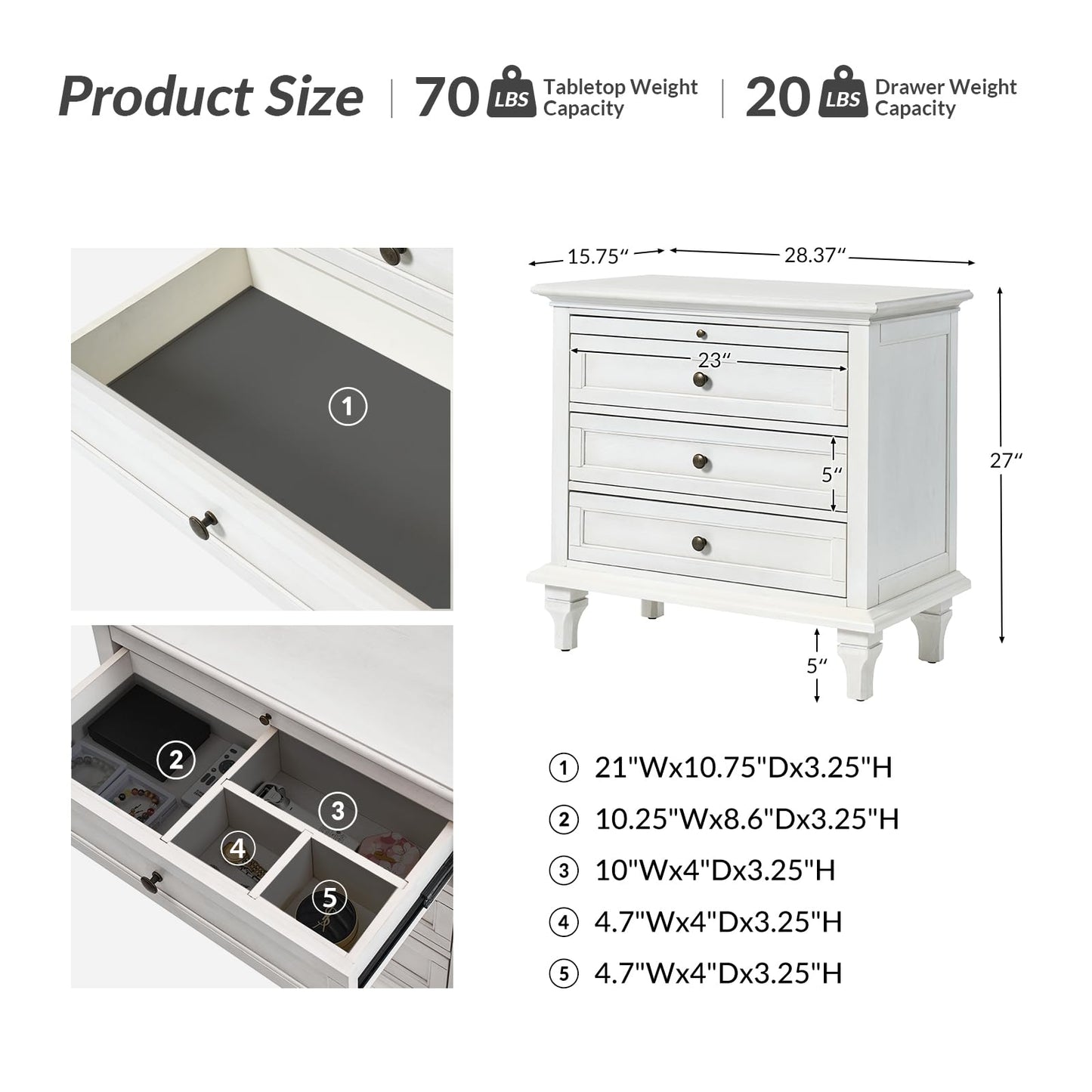 Solid Wood 3 Drawer End Table with Tray