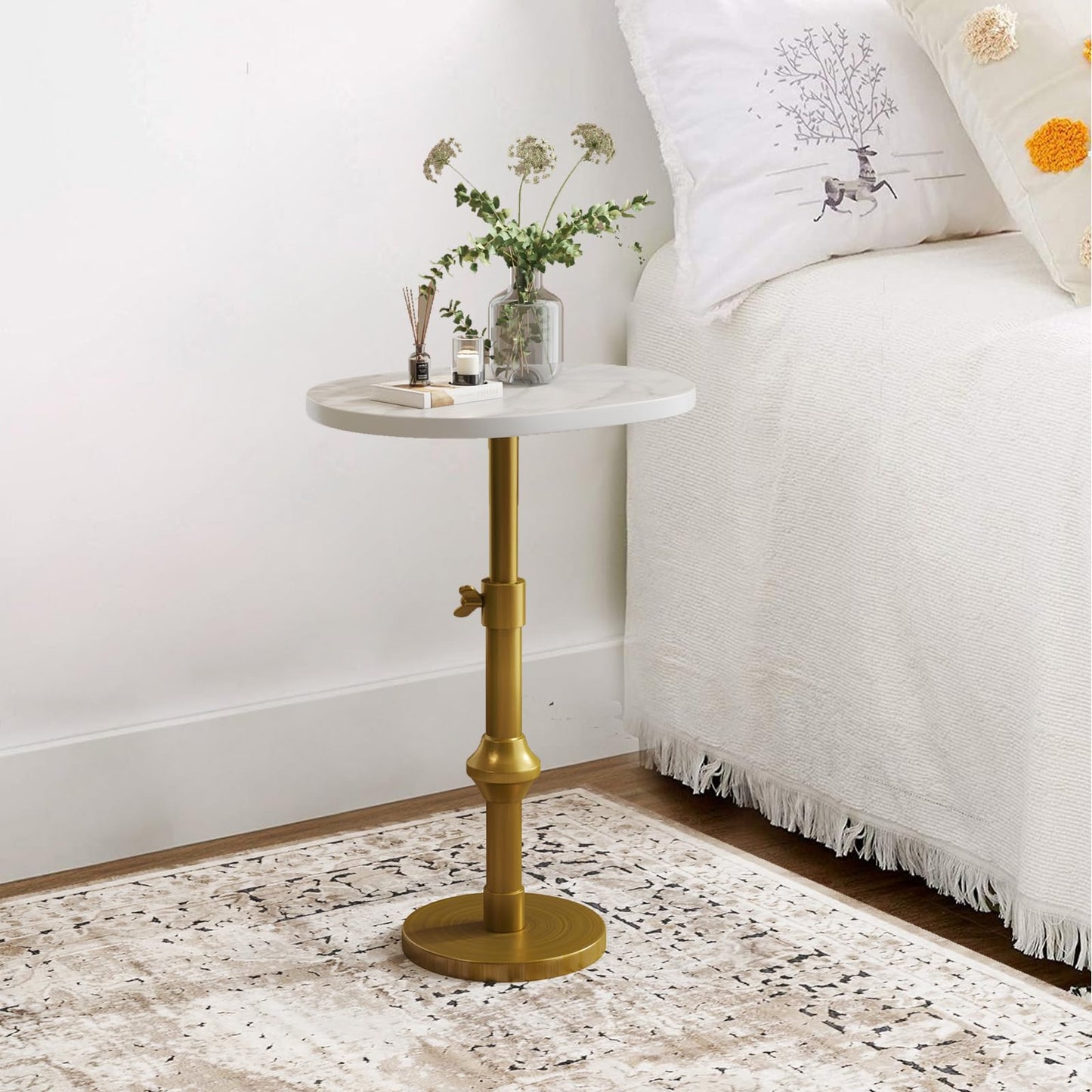 Adjustable Side Table with Antique Brass Stand Base