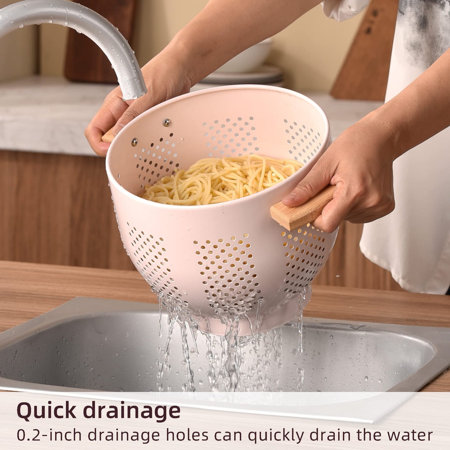 Metal Colander with Wood Handle and Stable Base, Powder Coated Steel Kitchen Strainer Basket for Draining Pasta, Vegetable and fruit(7quart,Sandyellow)