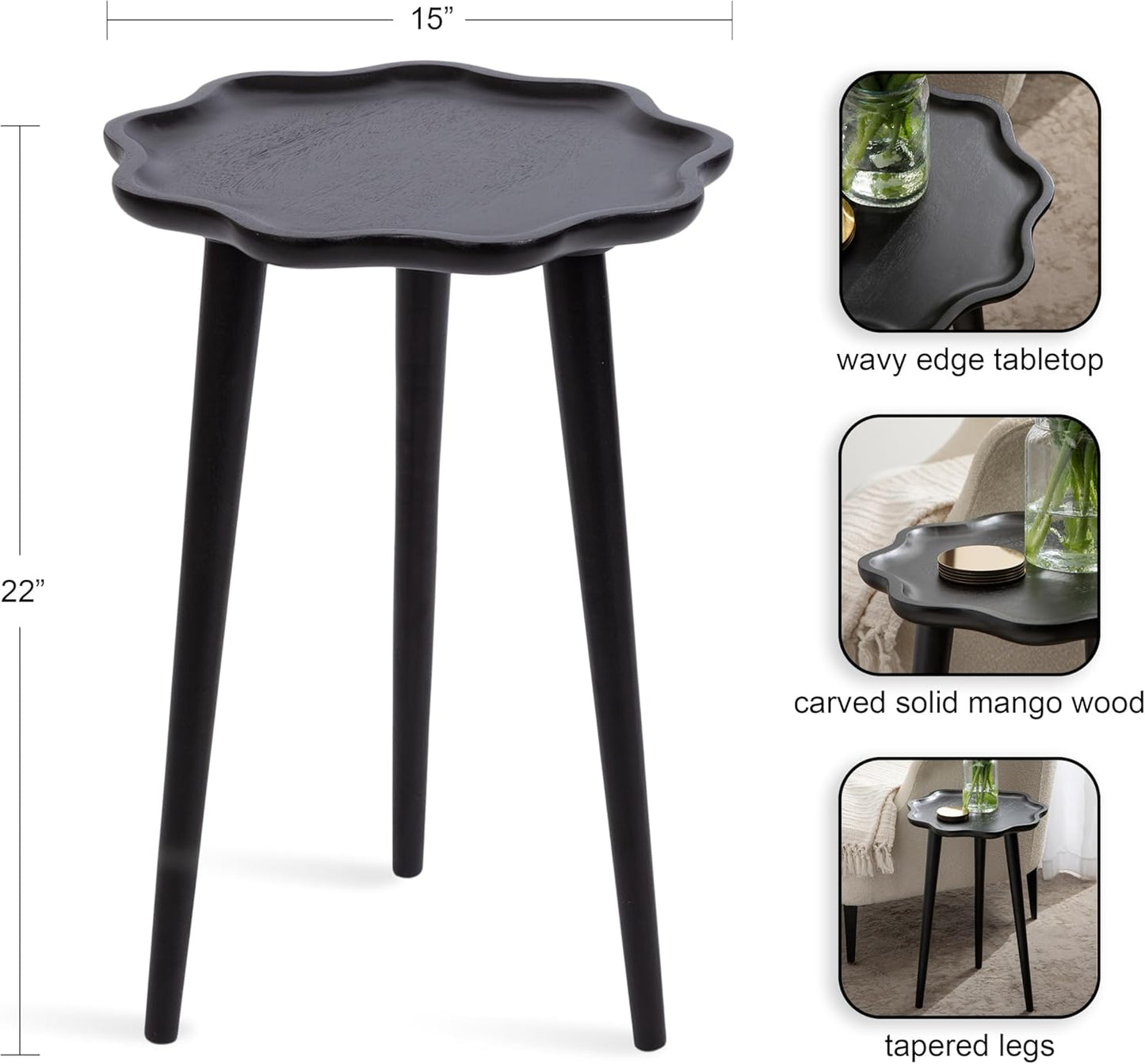 Kate and Laurel Alezar Modern Wooden Round Side Table, 15 x 15 x 22, Walnut Brown, Mid-Century Solid Wood End Table with Wavy Edge for Bedroom Nightstand or Living Room Accent Table