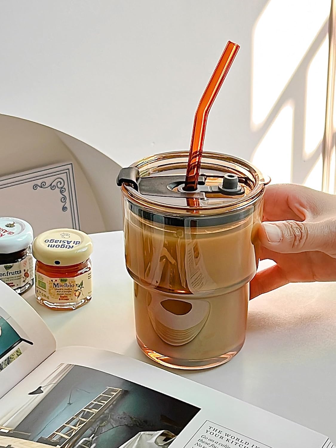 13oz Glass Tumbler with Straw and Lid, Reusable Iced Coffee Cup Tumbler, Cute Glass Cups for Water, Matcha, Travel Coffee Mugs (Amber - 13oz)