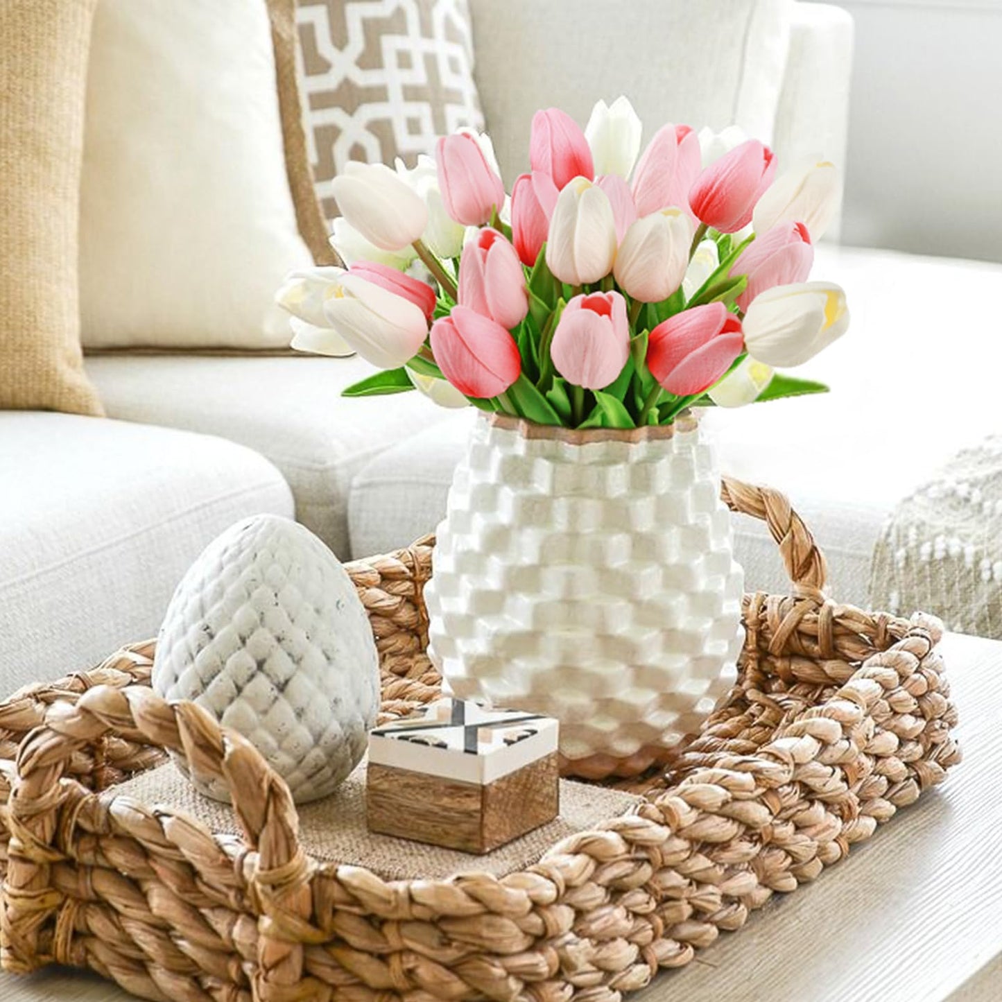 Beferr White Tulips Artificial Flowers 18Pcs Faux Silk Tulip Real Touch Tulip Fake Flowers Bouquets Arrangements for Mother's Day Easter Spring Flowers Gifts Home Table Decor