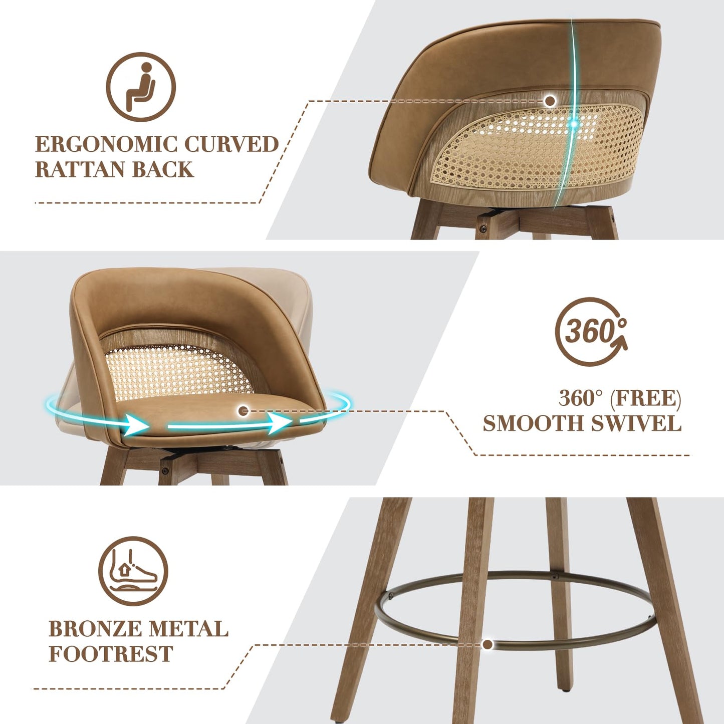 EALSON Bar Stools Set of 4, 26" Swivel Barstools with Rattan Backrest, Modern Faux Leather Upholstered Counter Height Bar Stools with Wood Legs & Bronze Footrest for Kitchen Island/Living Room, Brown