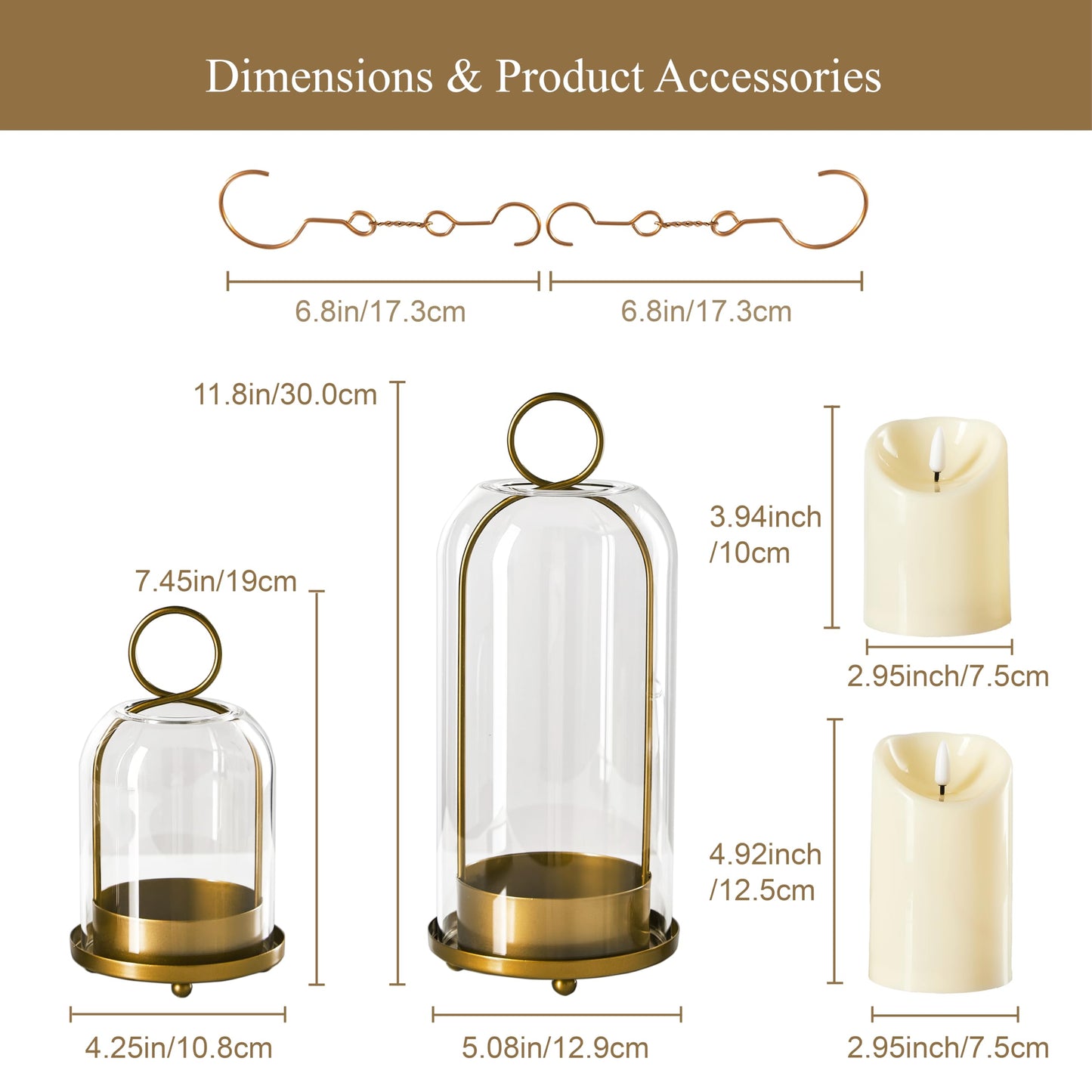 Brass Hurricane Candle Holder with Handmade Glass Dome, Set of 2