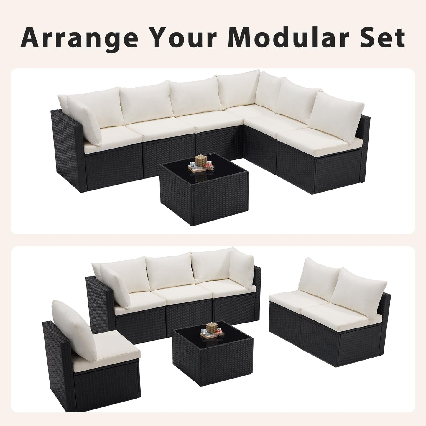 Sweetcrispy 7-Piece Outdoor Patio Sectional Sofa, Modular PE Wicker Outdoor Sectional with Thick Cushions, Rattan Patio Sofa Set with Coffee Table for Backyard, Poolside, Garden, Deck, Brown