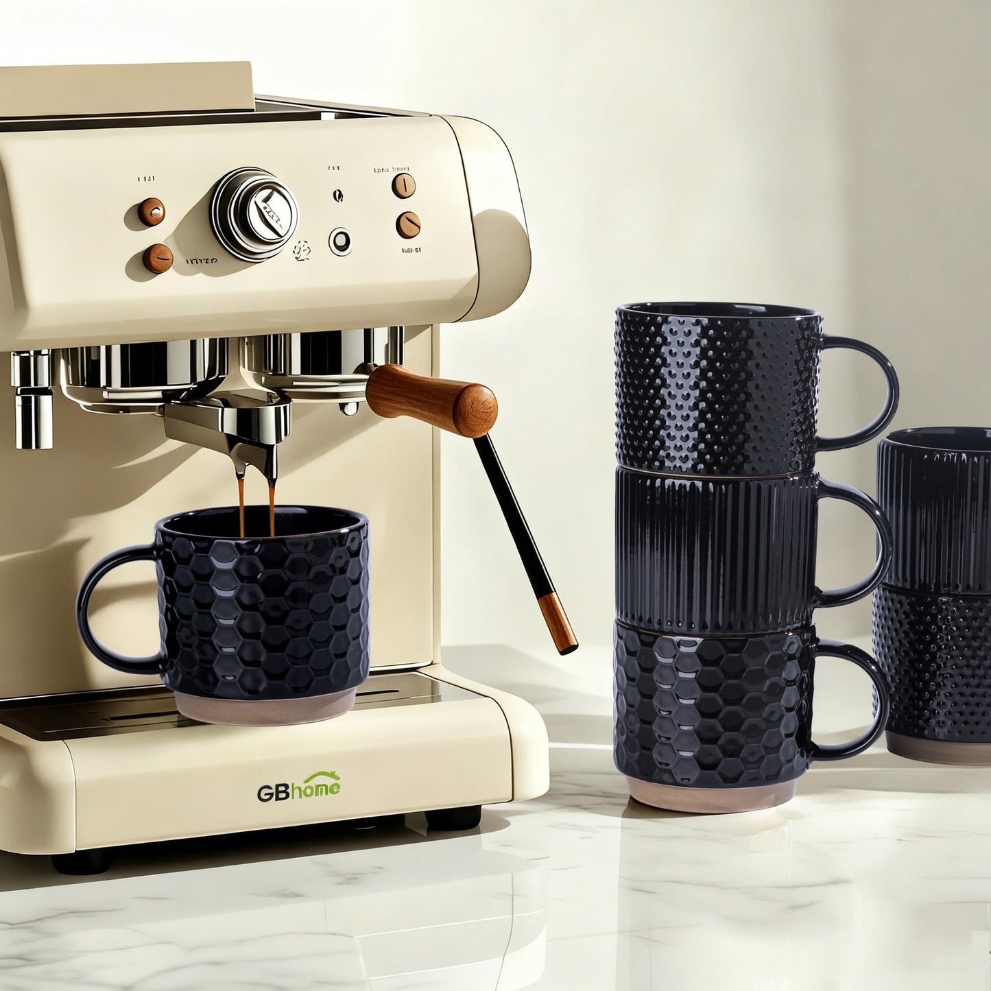 GBhome 12OZ Stackable Coffee Mugs, Ceramic Coffee Mugs with Texture Patterns for Man,Woman,Dad,Mom, Modern Coffee Mugs Set of 4 for Latte/Cappuccino/Cocoa. Dishwasher&Microwave Safe, Pale Khaki
