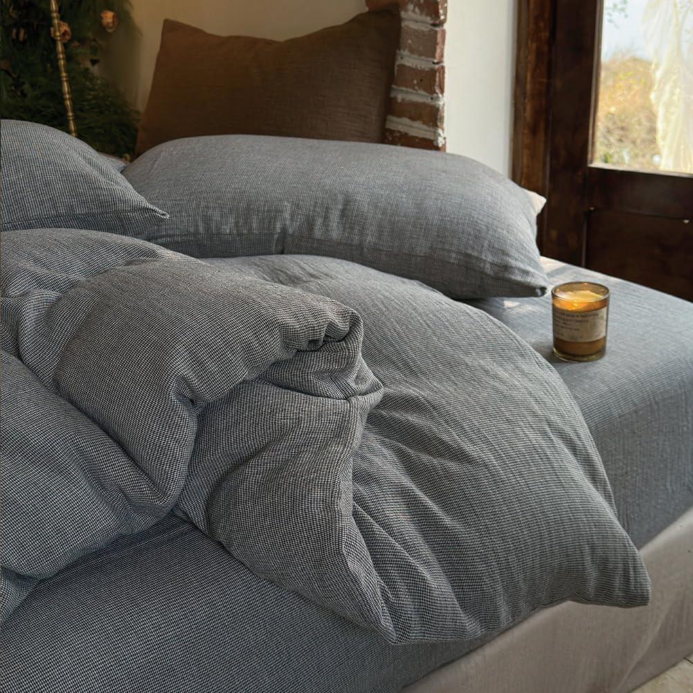 NSNLGSGC 100% Muslin Cotton Houndstooth Duvet Cover King Size, 2-Layer Small Checked Lightweight and Breathable Muslin Bedding, Linen Like Gauze Comforter Cover Set (Mocha Houndstooth, King)