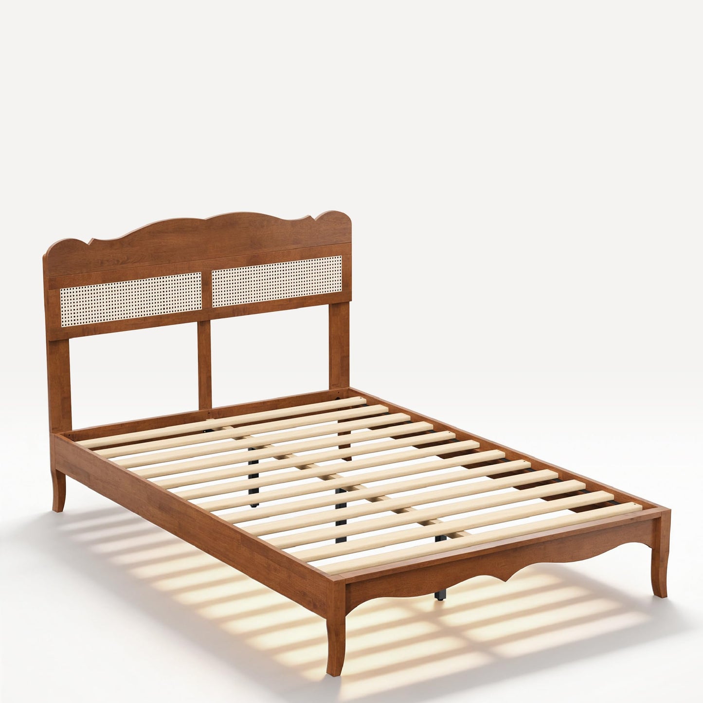 King Wood Bed Frame with Rattan Headboard