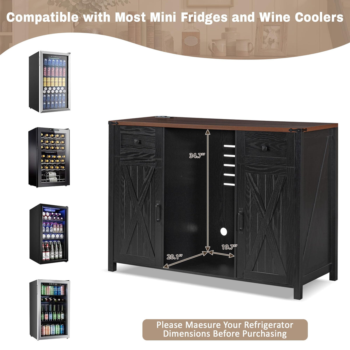 51" Modern Coffee Bar Cabinet with Fridge Space & 2 Drawers