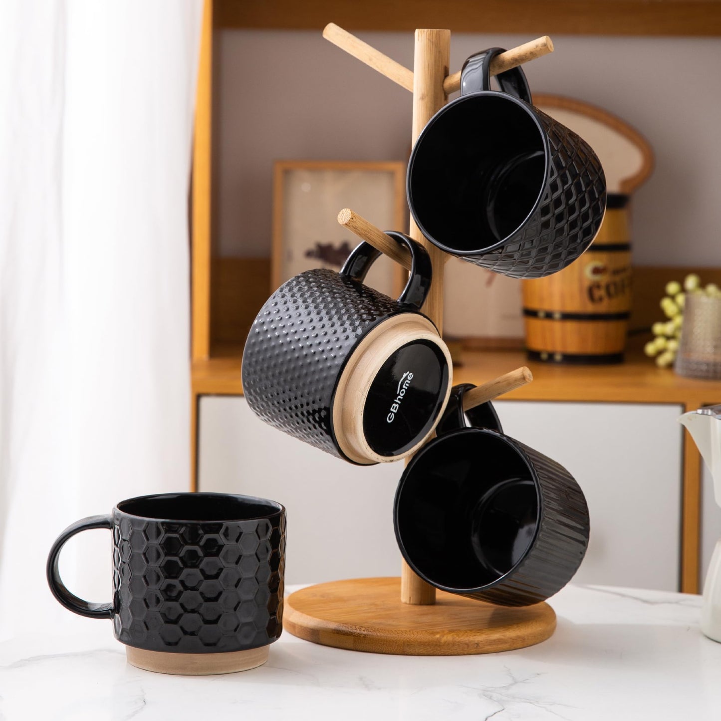 GBhome 12OZ Stackable Coffee Mugs, Ceramic Coffee Mugs with Texture Patterns for Man,Woman,Dad,Mom, Modern Coffee Mugs Set of 4 for Latte/Cappuccino/Cocoa. Dishwasher&Microwave Safe, Pale Khaki