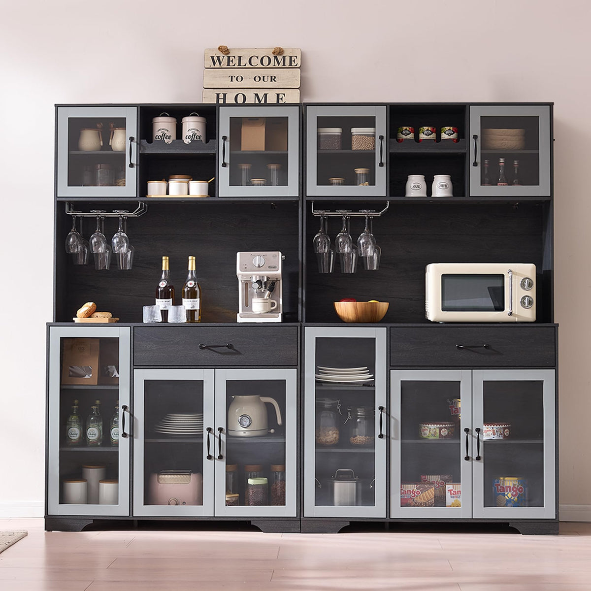 71" Cabinet with Wine Rack and Charging Station, Set of 2