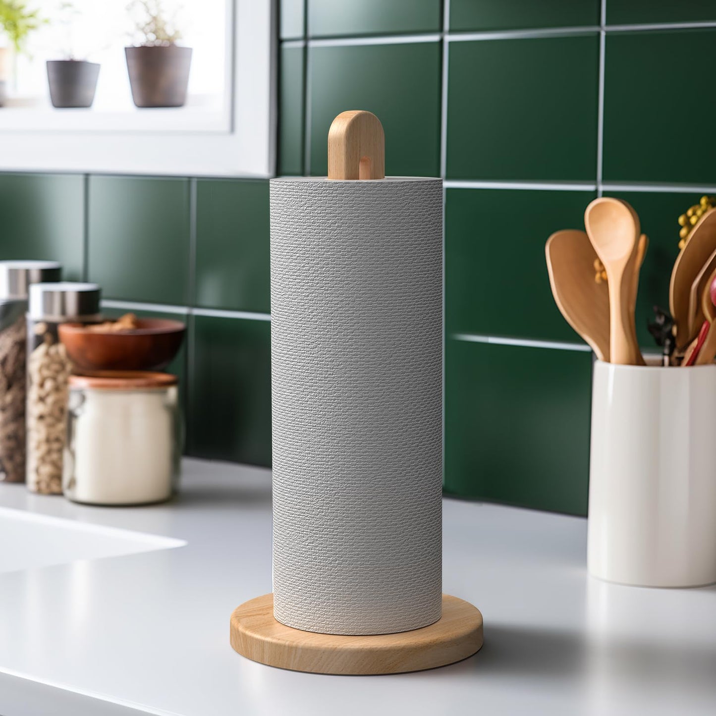 KitchLife Acacia Wooden Paper Towel Holder Countertop, 6.5" Jumbo Base, Fits Jumbo Rolls, Large Freestanding Dark Wood Paper Towel Stand Upgraded Dispenser Organizer with Non-Slip Base