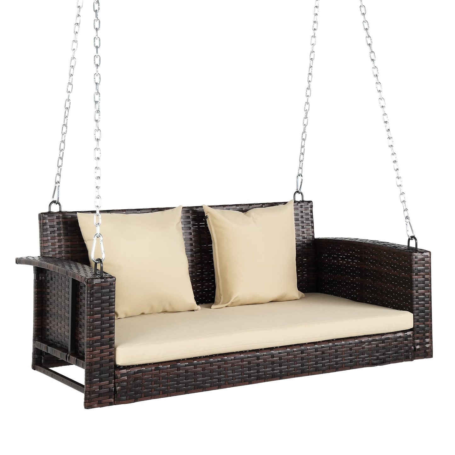 VINGLI 2.4 FT 1-Person Use Round Rattan Porch Swing Outdoor Support 440 LBS with Cushions & Adjustable Chains, Patio Wicker Swing Bench Chair for Garden, Yard, Lawn, Tree, Brown