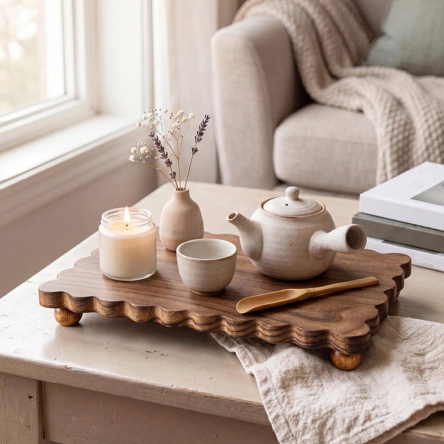 Scalloped Wood Riser Tray