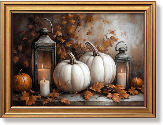 Vintage Gold Framed Halloween Wall Art Autumn Pumpkin Pictures 12x16