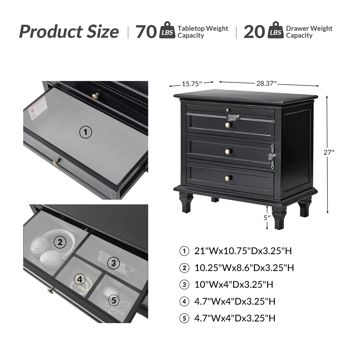 Solid Wood 3 Drawer End Table with Tray