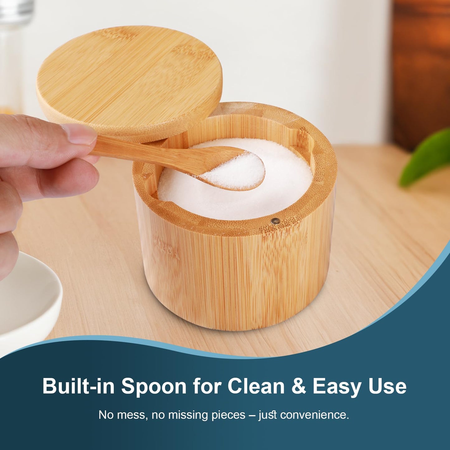Timtopno Salt Cellar, Acacia Wood Salt Container with Built-in Spoon & Swivel Lid, Engraved SALT Box, Salt Holder Bowl for Countertop Seasoning Storage