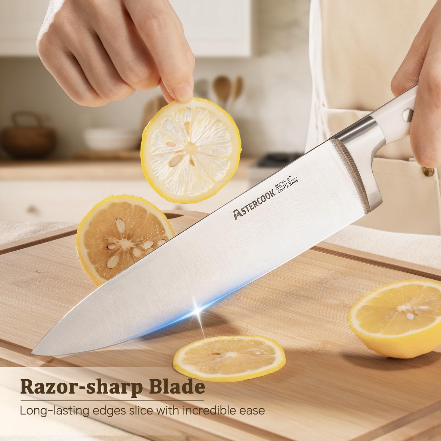 Knife Set,Astercook Kitchen Knife Set with Block 22-Piece Full Tang Stainless Steel Knives with Sharpener Dishwasher Safe and Anti-Slip Ergonomic Handle Elegant Cream White Utensils Set