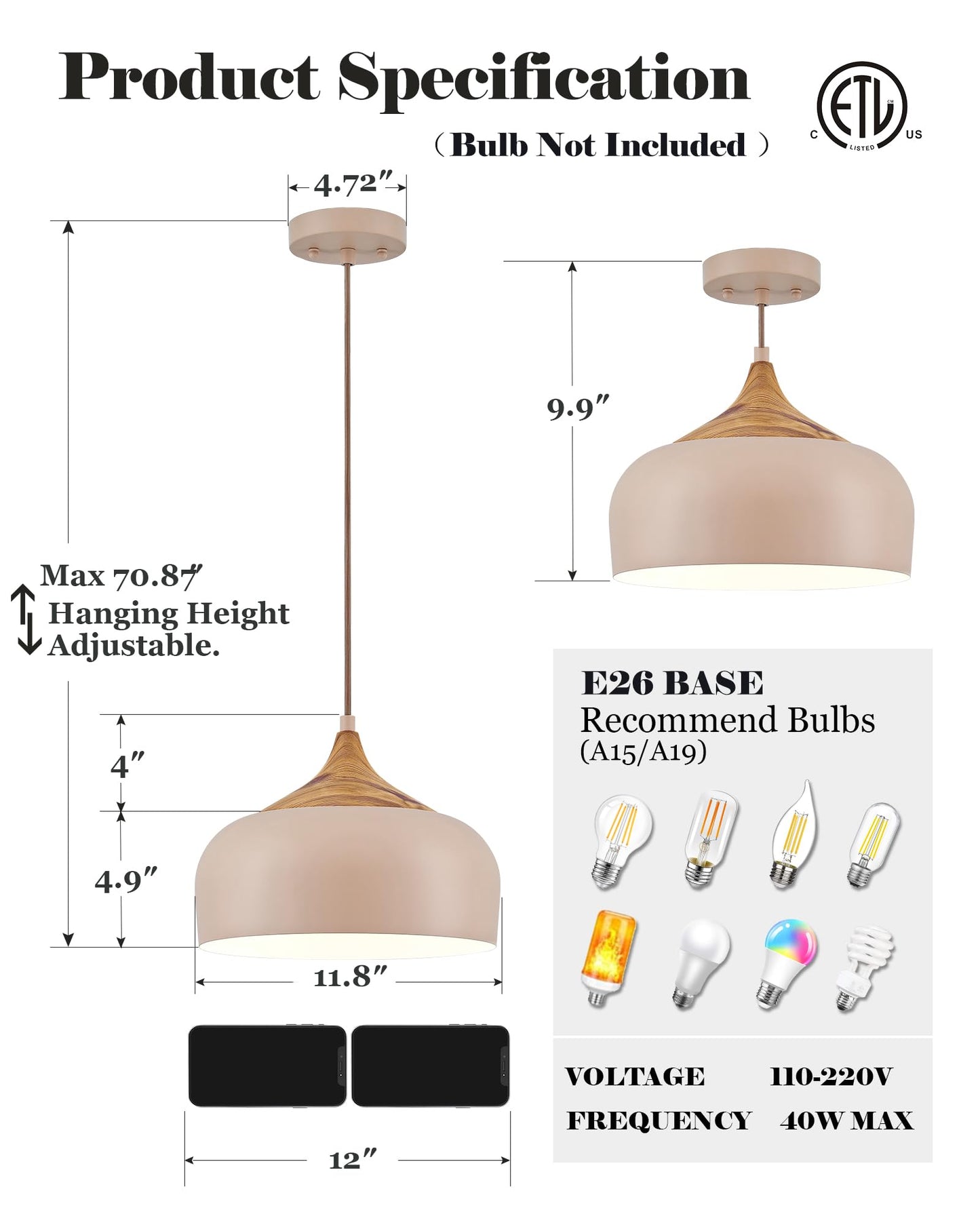 Modern Walnut Wooden Pendant Dome Light