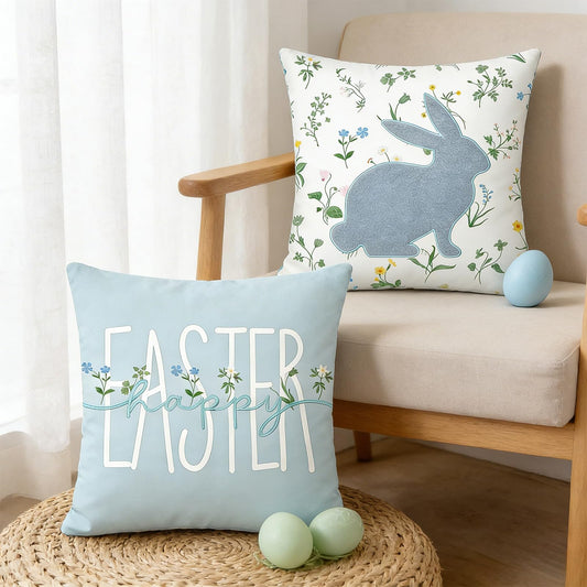 DN DECONATION Easter Pillow Covers 18x18 Inch, Spring Throw Pillow Covers Set of 2, Farmhouse Decorative Lumbar Pillows Case for Couch, Sofa, Living Room, Easter Home Blue Bunny Decor