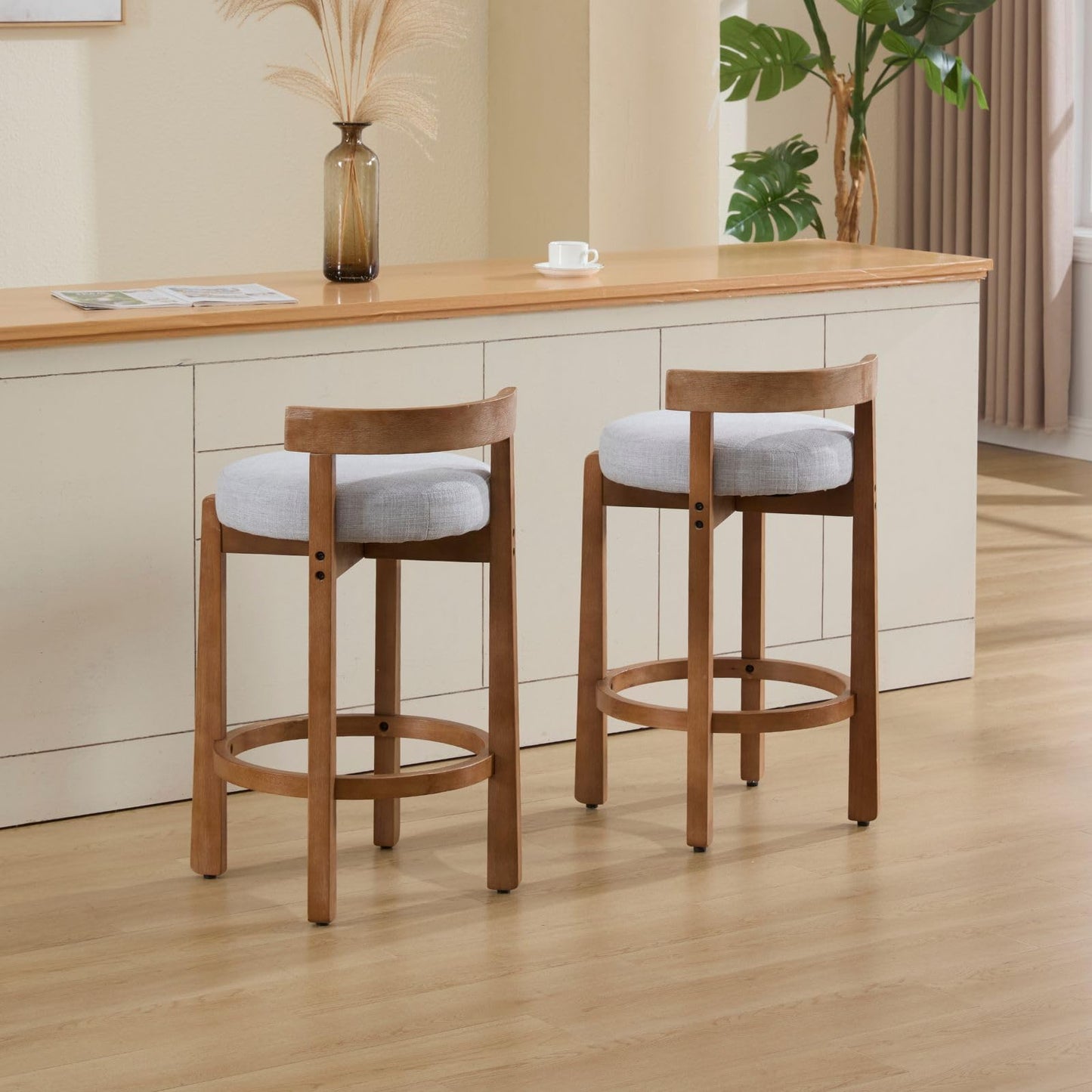 LukeAlon Mid Century Linen Counter Stools Set of 3, Upholstered 26.5" Seat Height Low Barstools with Natural Wood Legs Round Low Back Kitchen Stools with Footrest for Dining Room, Beige