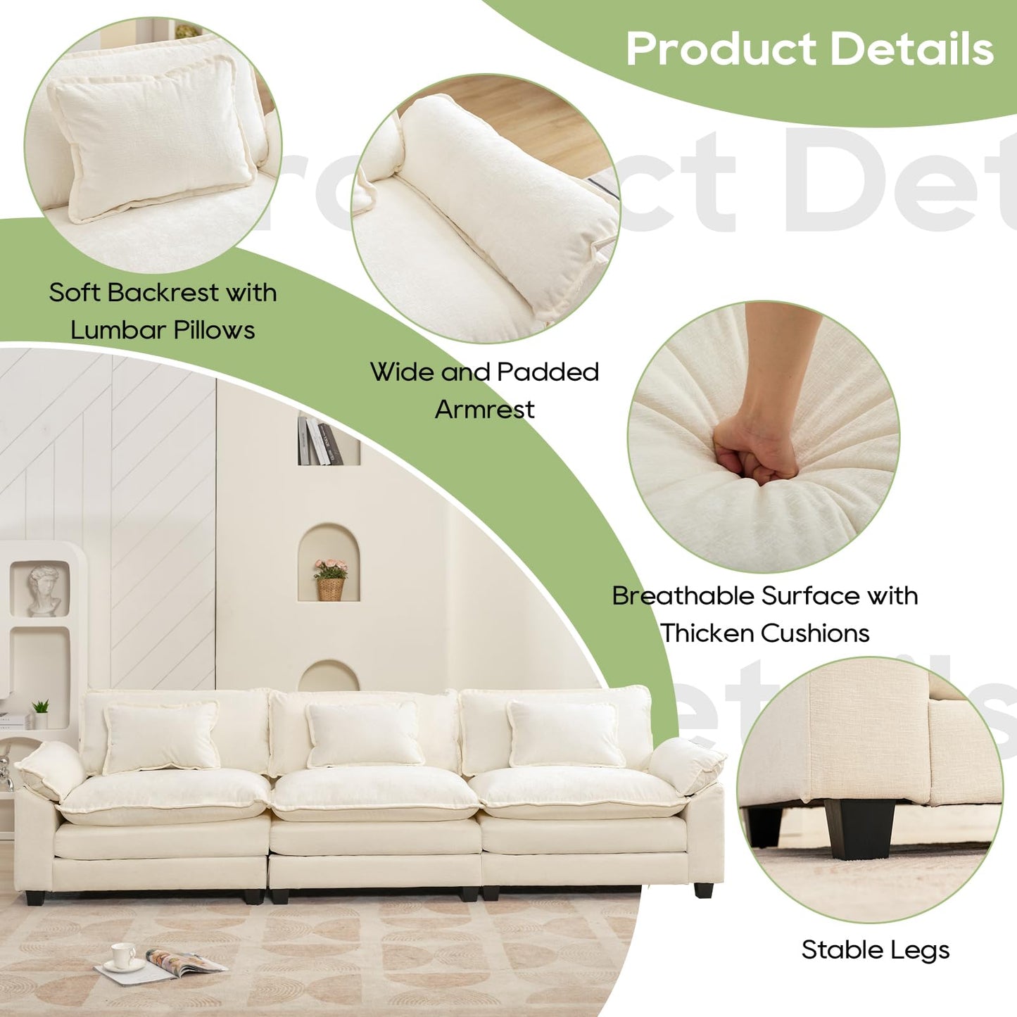 120" Modular Sectional Sofa, Comfy Cloud Couch Sectional Sofa with Ottoman, Chenille Sofa Sleeper Deep Seat Sofa with Throw Pillows for Living Room (Beige White, 120"- U Shape)