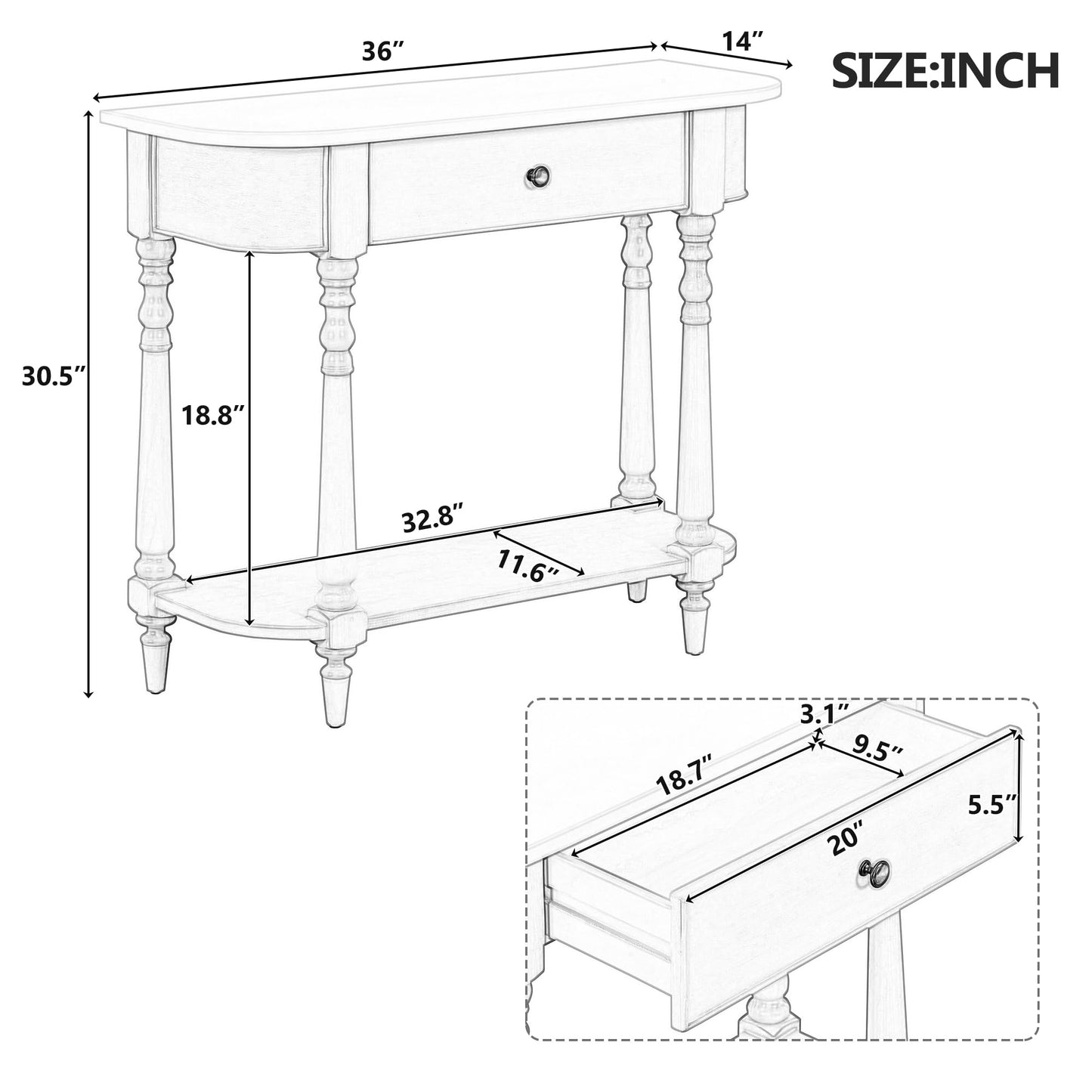 36-Inch Retro Console Sofa Table with Drawer & Storage Shelf