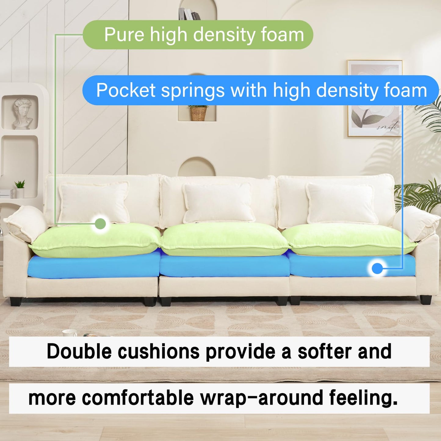 120" Modular Sectional Sofa, Comfy Cloud Couch Sectional Sofa with Ottoman, Chenille Sofa Sleeper Deep Seat Sofa with Throw Pillows for Living Room (Beige White, 120"- U Shape)