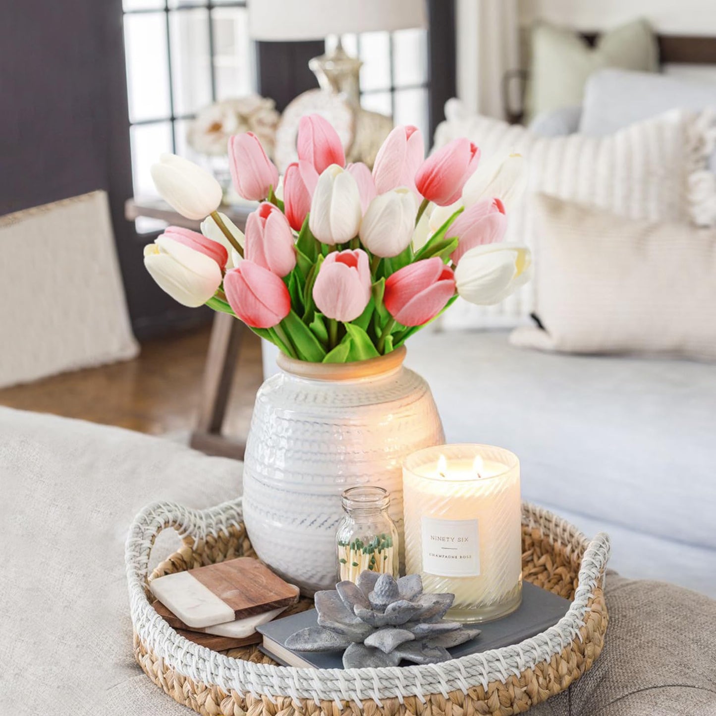 Beferr White Tulips Artificial Flowers 18Pcs Faux Silk Tulip Real Touch Tulip Fake Flowers Bouquets Arrangements for Mother's Day Easter Spring Flowers Gifts Home Table Decor