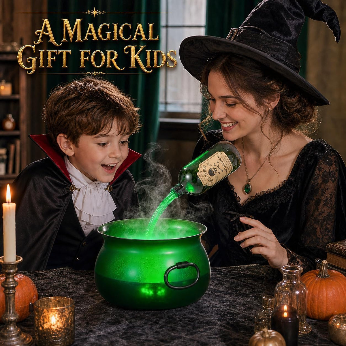 Large Translucent Witches Cauldron with Magic Floating Potion Bottles
