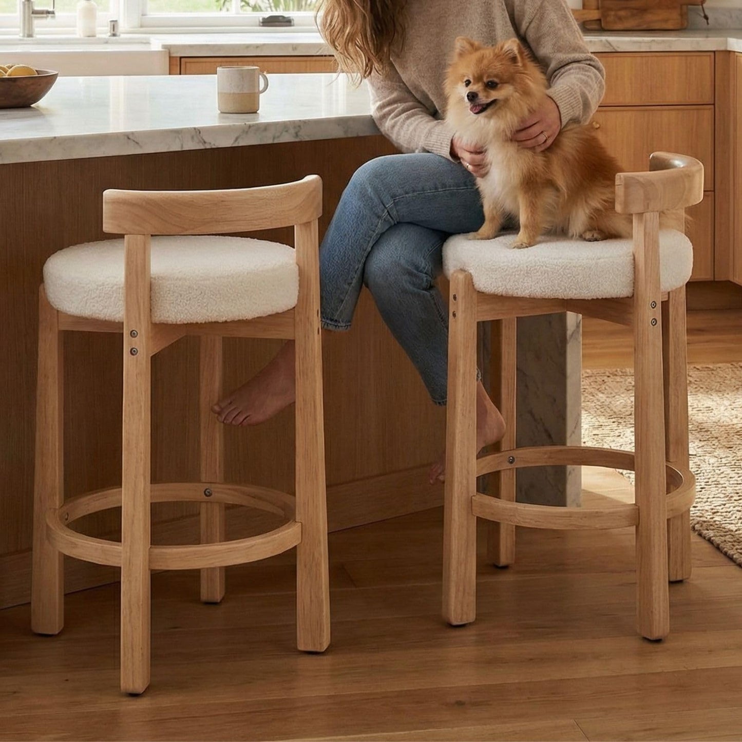 LukeAlon Mid Century Linen Counter Stools Set of 3, Upholstered 26.5" Seat Height Low Barstools with Natural Wood Legs Round Low Back Kitchen Stools with Footrest for Dining Room, Beige