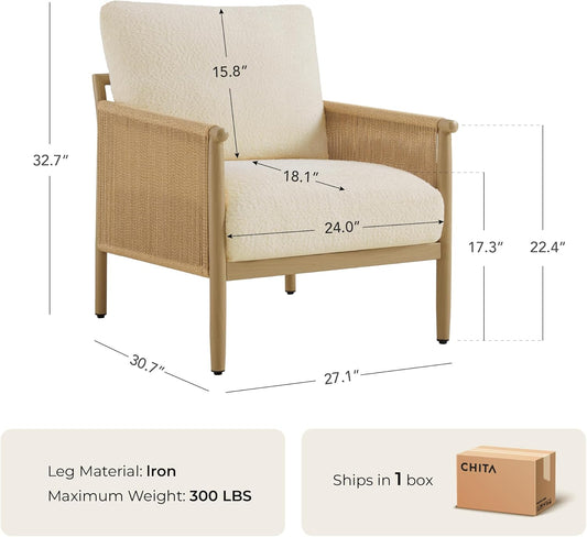 CHITA Braid Accent Chairs, Modern Armchair with Wood-Like Finish Metal Frame for Living Room and Bedroom, Boho Reading Chair, Cream