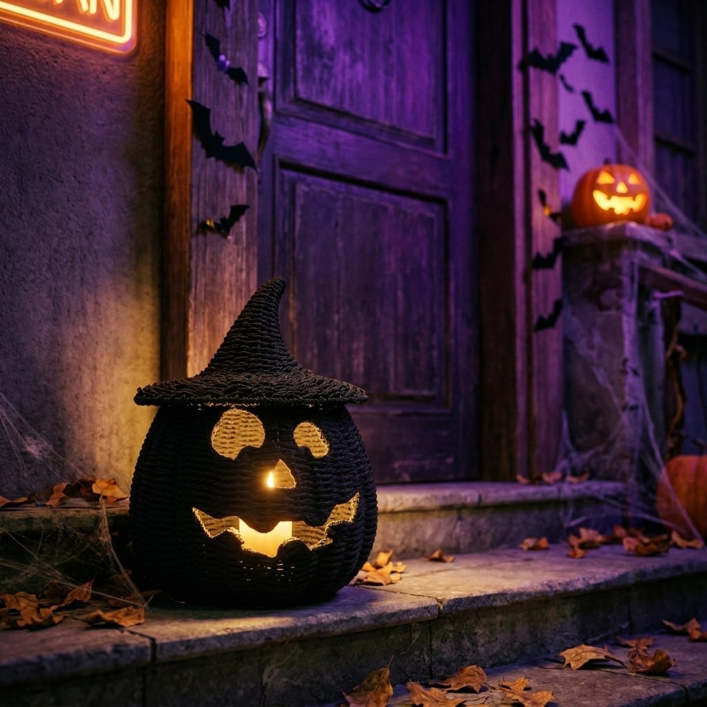 Rattan Lantern Pumpkin Candle Holder with Witch Hat Shape Lid