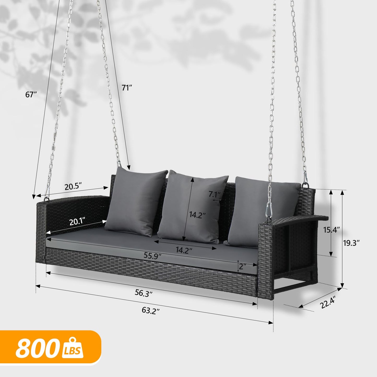 VINGLI 2.4 FT 1-Person Use Round Rattan Porch Swing Outdoor Support 440 LBS with Cushions & Adjustable Chains, Patio Wicker Swing Bench Chair for Garden, Yard, Lawn, Tree, Brown