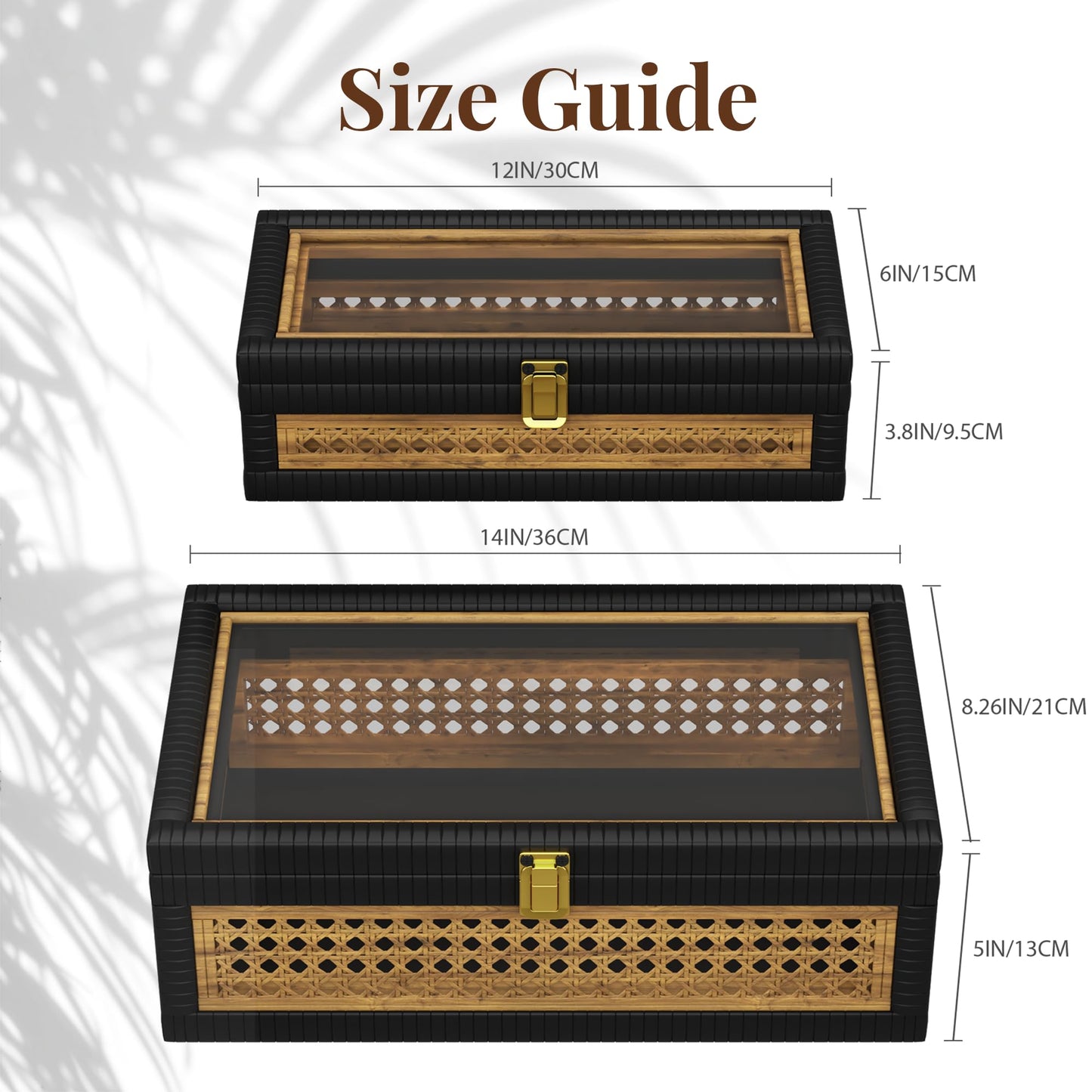 Rattan Decorative Box,Boho Display Boxes with Lids,Set of 2 Rectangular Wicker Storage Decoration,Natural Woven Cane Bins for Home Decor for Rustic Farmhouse(Yellow and Black)