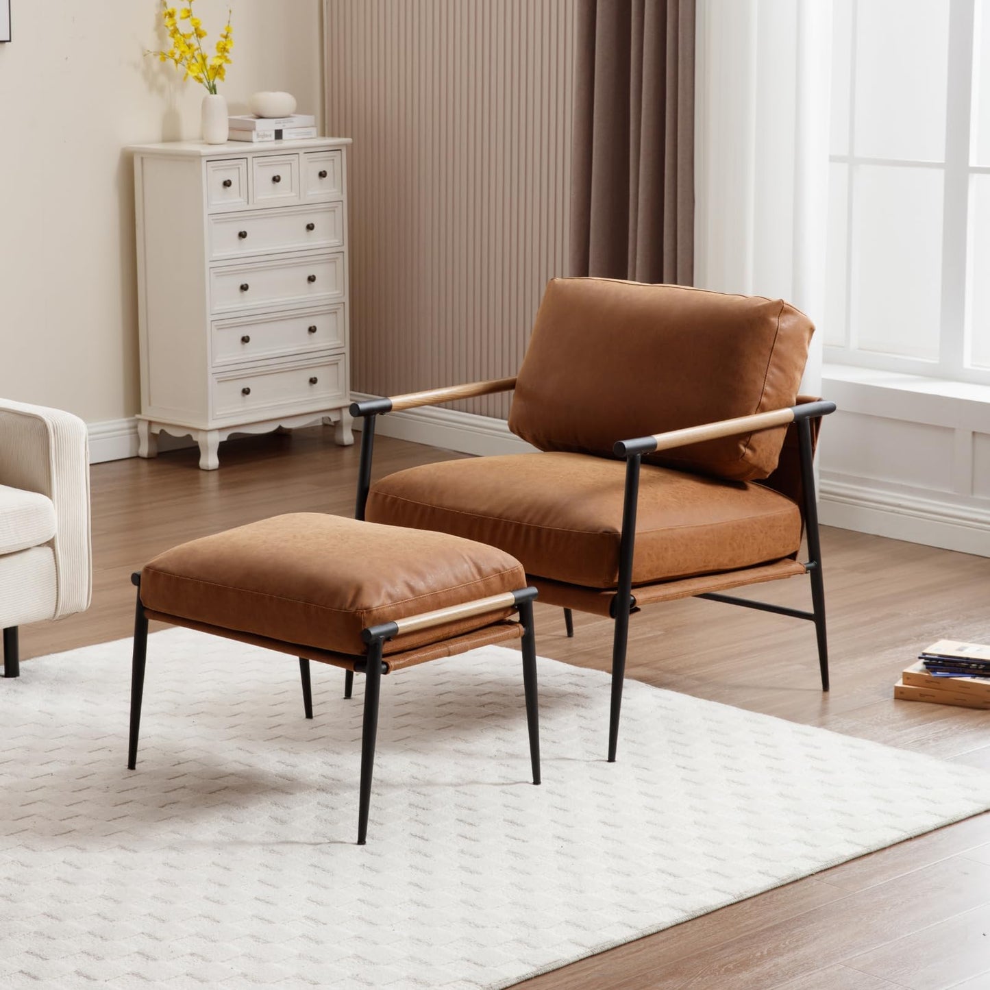 Chenille Upholstered Footstool with Black Legs