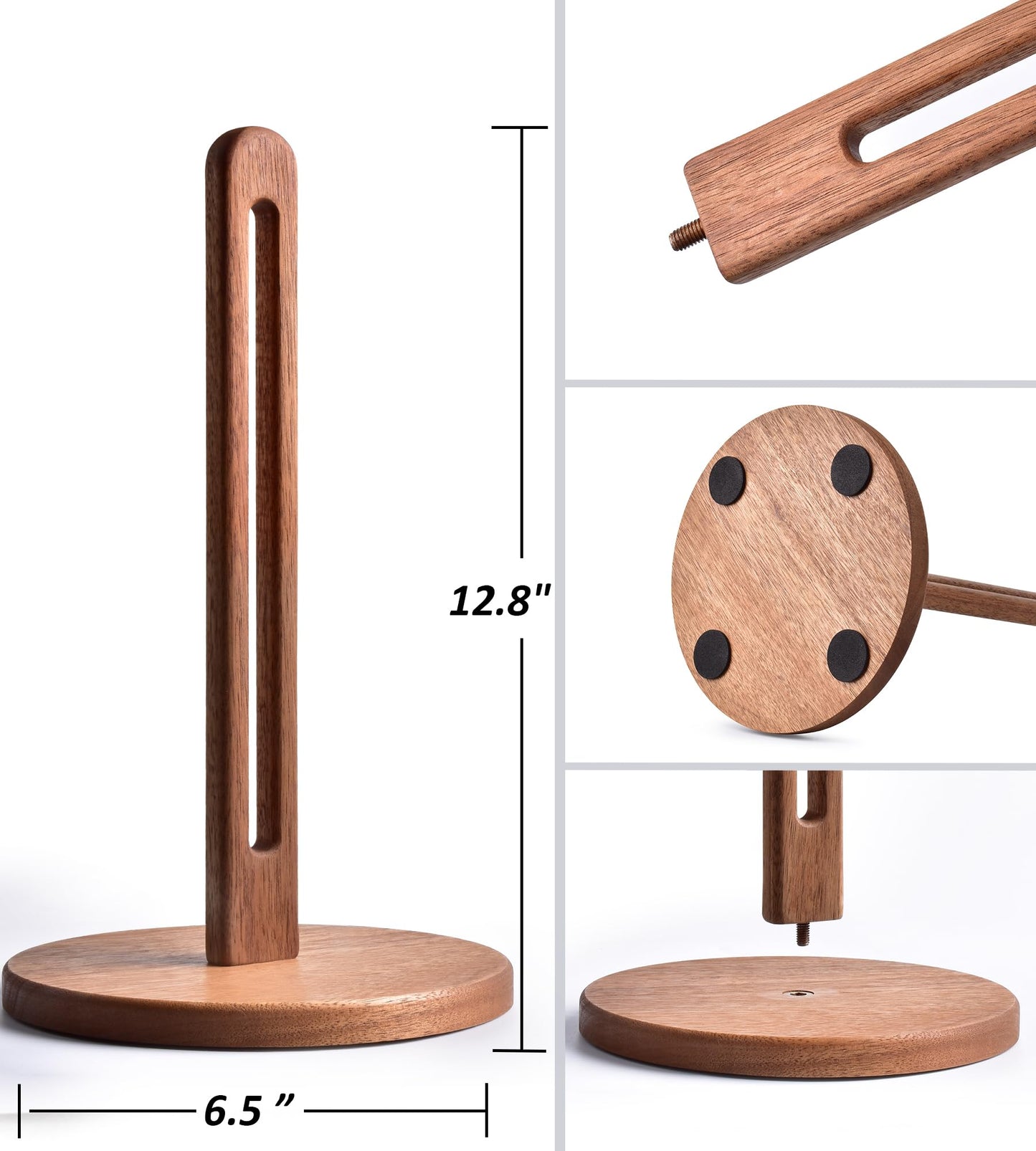 KitchLife Acacia Wooden Paper Towel Holder Countertop, 6.5" Jumbo Base, Fits Jumbo Rolls, Large Freestanding Dark Wood Paper Towel Stand Upgraded Dispenser Organizer with Non-Slip Base