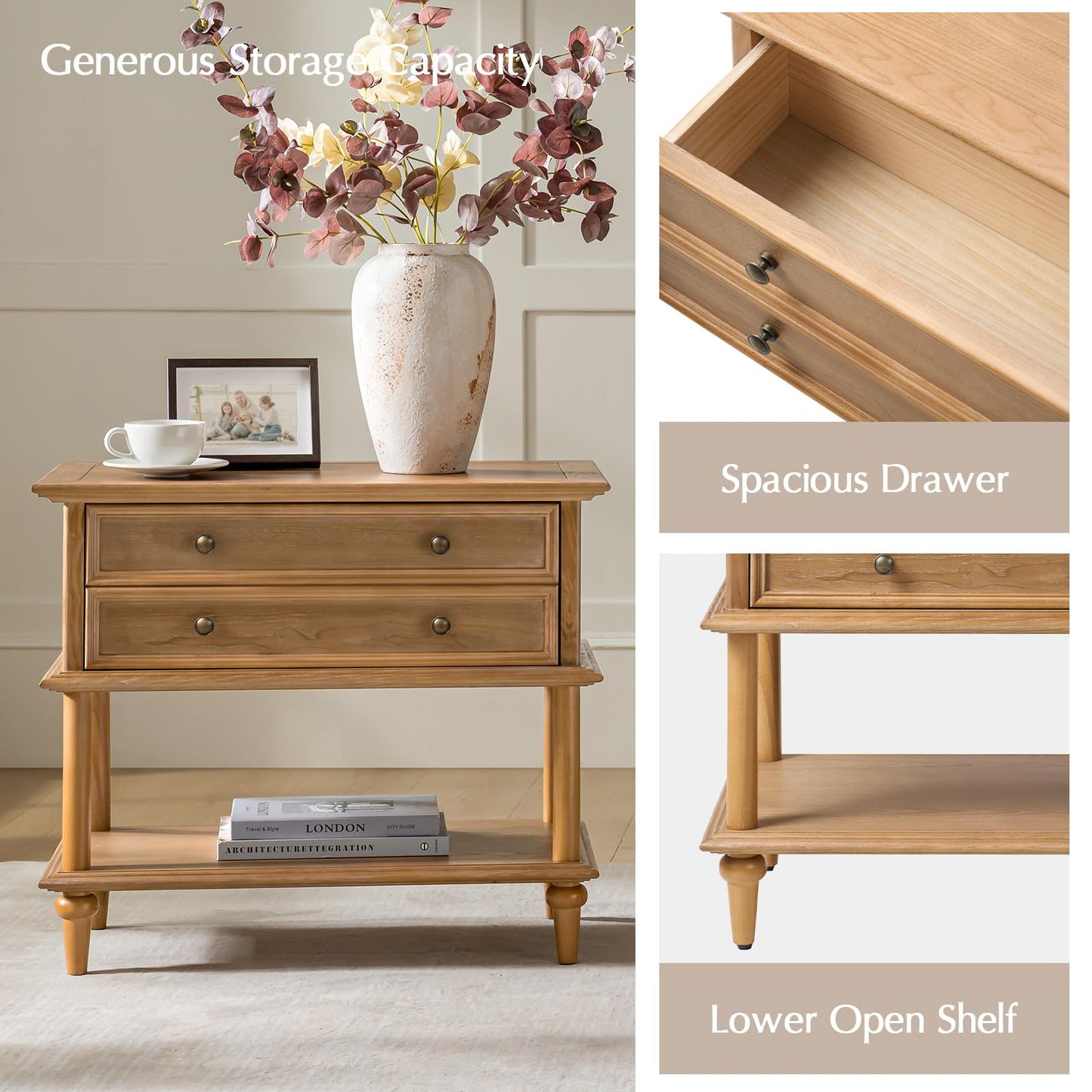 Natural Wood Nightstand with Drawer & Open Shelf