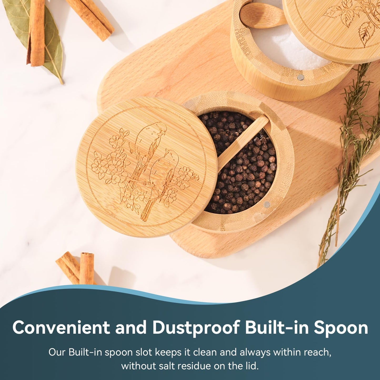 Timtopno Salt Cellar, Acacia Wood Salt Container with Built-in Spoon & Swivel Lid, Engraved SALT Box, Salt Holder Bowl for Countertop Seasoning Storage